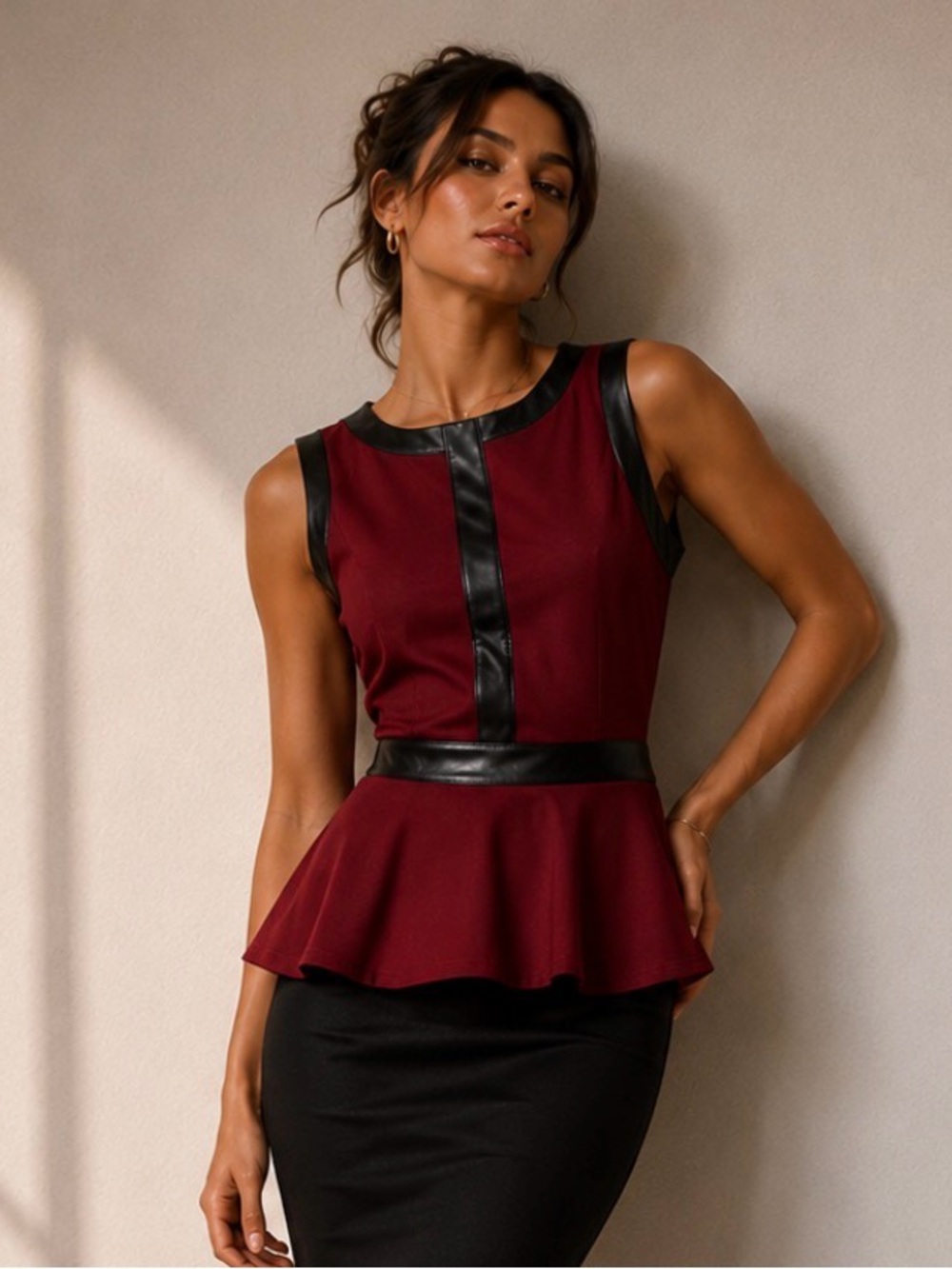 MCM dark red peplum sleeveless top with contrast black leather trim size small